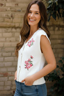 BUTTON DOWN FLORAL EMBROIDERY SWEATER VEST