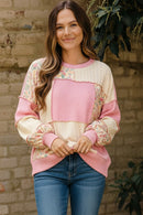 RIB CABLE KNIT FLORAL PATCHWORK PULLOVER TOP