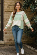 RIB CABLE KNIT FLORAL PATCHWORK PULLOVER TOP