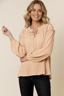 MOCK NECK WITH STRAP SOLID CRINKLE WOVEN TOP