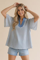 STITCHED NECK BAND FLUTTER SLEEVE STRIPE TOP