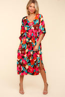 PLUS MAGENTA FLORAL FIT AND FLARE W/ SIDE POCKETS AND SLIT