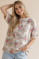 SHORT SLEEVE OVERSIZED LOOSE FIT  FLORAL KNIT TOP