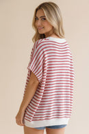 PLUS DOLMAN SHORT SLEEVE STRIPE SWEATER KNIT TOP