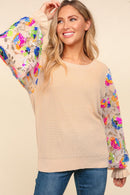 TAUPE MULTI COLOR FLORAL SEQUINS MESH SLEEVE TOP