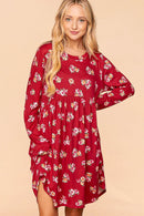 WINE FLORAL LONG SLEEVE BABYDOLL SWING DRESS