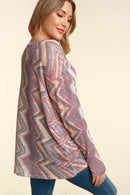 WINE BOHO ABSTRACT ROUND NECK LONG SLEEVE KNIT TOP