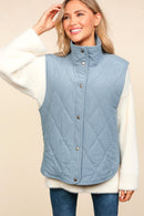 Slat Blue High Neck Sleeveless Snap Button Corduroy Vest