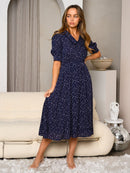 WOMEN'S SHORT SLEEVE V-NECK ELASTIC WAIST MIDI DRESS