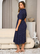 WOMEN'S SHORT SLEEVE V-NECK ELASTIC WAIST MIDI DRESS