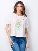 WOMEN'S SHORT SLEEVE GRAPHIC DISTRESSED TOP