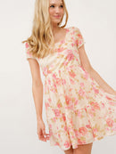 WOMEN'S SHORT SLEEVE SQUARE NECK FLORAL CROCHET MINI DRESS