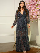 WOMEN'S LONG SLEEVE V-NECK FLORAL MAXI DRESS