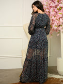 WOMEN'S LONG SLEEVE V-NECK FLORAL MAXI DRESS