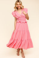 FLUTTER DOUBLE SHORT SLEEVE WOVEN MAXI DRESS