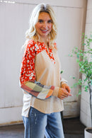 Floral Taupe & Rust Plaid Top