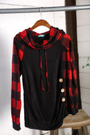 Black/Red Plaid Button Detail Cowl Neck