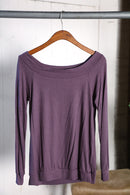 Plum Ribbed Open Neck Long Sleeve