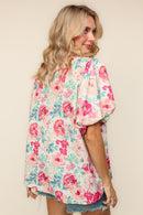 FLORAL WOVEN TOP W/ BUBBLE PUFF SHORT SLEEVE