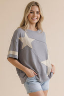 STAR PATCHWORK COTTON BLENDED SLUB KNIT TOP