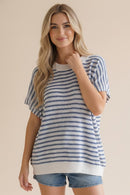 PLUS DOLMAN SHORT SLEEVE STRIPE SWEATER KNIT TOP