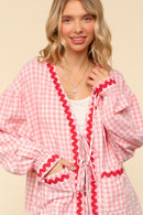 RIBBON TIE GINGHAM OVERSIZED JACKET W/ POCKET
