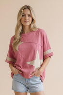 STAR PATCHWORK COTTON BLENDED SLUB KNIT TOP