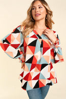 SMOCKED BUBBLE LONG SLEEVE GEOMETRIC WOVEN