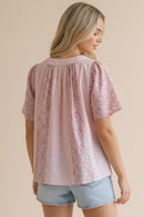 PLUS NOTCH NECK STRIPE FLORAL FLUTTER SHORT SLEEVE TOP