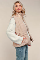 TAUPE HIGH NECK ZIP UP QUILTED PUFFER VEST