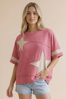STAR PATCHWORK COTTON BLENDED SLUB KNIT TOP