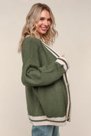 OLIVE SOLID BUTTON DOWN LOOSE FIT HOLIDAY CARDIGAN