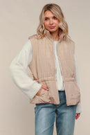 TAUPE HIGH NECK ZIP UP QUILTED PUFFER VEST