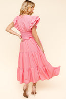 FLUTTER DOUBLE SHORT SLEEVE WOVEN MAXI DRESS