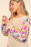 TAUPE MULTI COLOR FLORAL SEQUINS MESH SLEEVE TOP