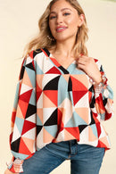 SMOCKED BUBBLE LONG SLEEVE GEOMETRIC WOVEN