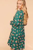 GREEN FLORAL LONG SLEEVE BABYDOLL SWING DRESS