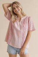 PLUS NOTCH NECK STRIPE FLORAL FLUTTER SHORT SLEEVE TOP