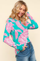 FLORAL FITTED LONG SLEEVE SMOOTH KNIT TOP