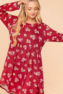 WINE FLORAL LONG SLEEVE BABYDOLL SWING DRESS