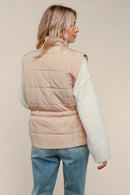 TAUPE HIGH NECK ZIP UP QUILTED PUFFER VEST