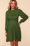 GREEN MOCK NECK MINI LENGTH SOFT HACCI KNIT DRESS