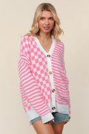PLUS BUTTON DOWN CHECKER STRIPE SWEATER CARDIGAN