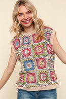 DOLMAN FLORAL CROCHET PRINT THERMAL KNIT TOP