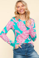 FLORAL FITTED LONG SLEEVE SMOOTH KNIT TOP
