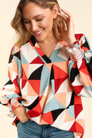 SMOCKED BUBBLE LONG SLEEVE GEOMETRIC WOVEN