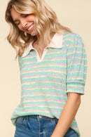 COLLARED NOTCH NECK MULTICOLOR STRIPE TOP