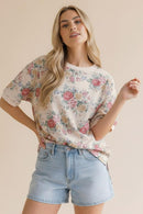 SHORT SLEEVE OVERSIZED LOOSE FIT  FLORAL KNIT TOP