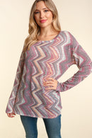 WINE BOHO ABSTRACT ROUND NECK LONG SLEEVE KNIT TOP