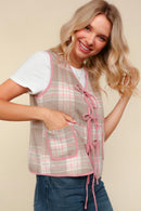 PLAID COLOR BLOCK WOVEN VEST W/ SIDE POCKET